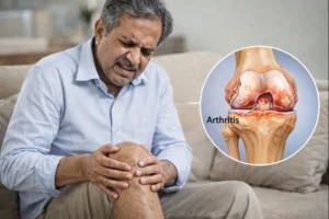 Dr. Abhishek Kumar Mishra explaining arthritis treatment and joint care to a patient in Delhi clinic.