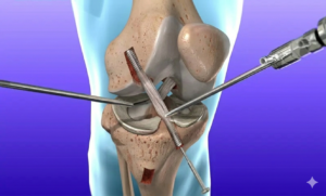 Dr. Abhishek Kumar Mishra performing arthroscopic ACL reconstruction surgery for a sports injury in Delhi.