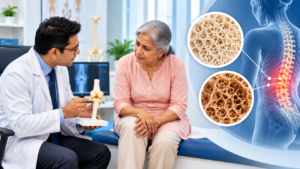 Orthopaedic doctor explaining osteoporosis and weakened bone structure to an older patient