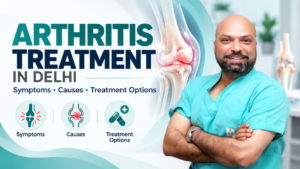 Arthritis treatment in Delhi with doctor and knee joint illustration