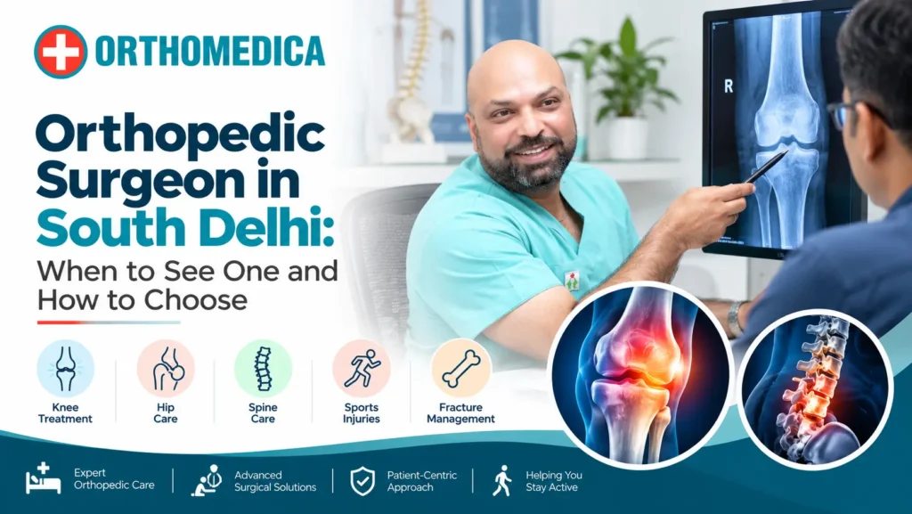 Orthopedic surgeon in South Delhi reviewing a knee X-ray with a patient at OrthoMedica