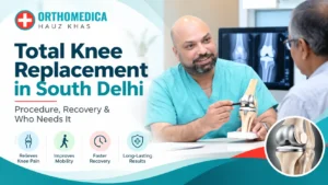 Knee implant model being explained to a patient at OrthoMedica, Hauz Khas